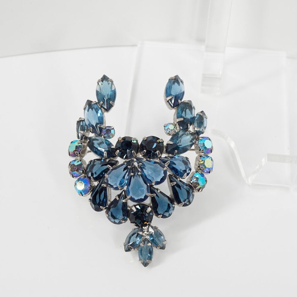 Vintage Blue Rhinestone Brooch AB Crescent Floral Fan Chandelier Open Back Pin